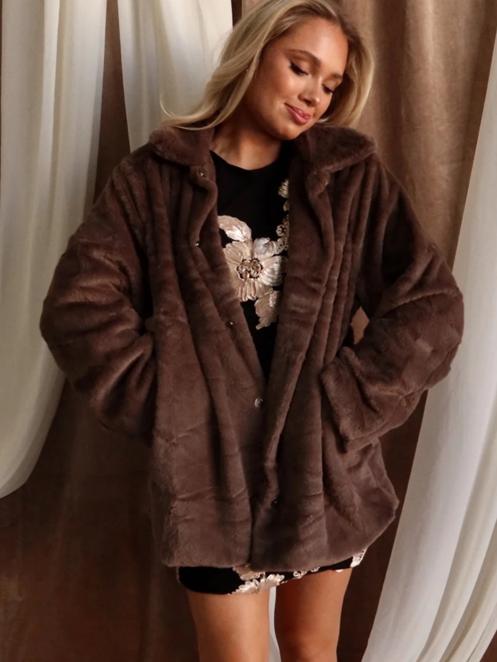 Plush Brown Chocolate Faux Fur Coat Jacket Fall Winter